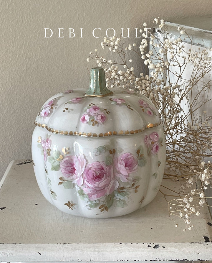 Shabby Chic Vintage Hand Painte Pink Roses White Glass Pumpkin Original by Debi Coules