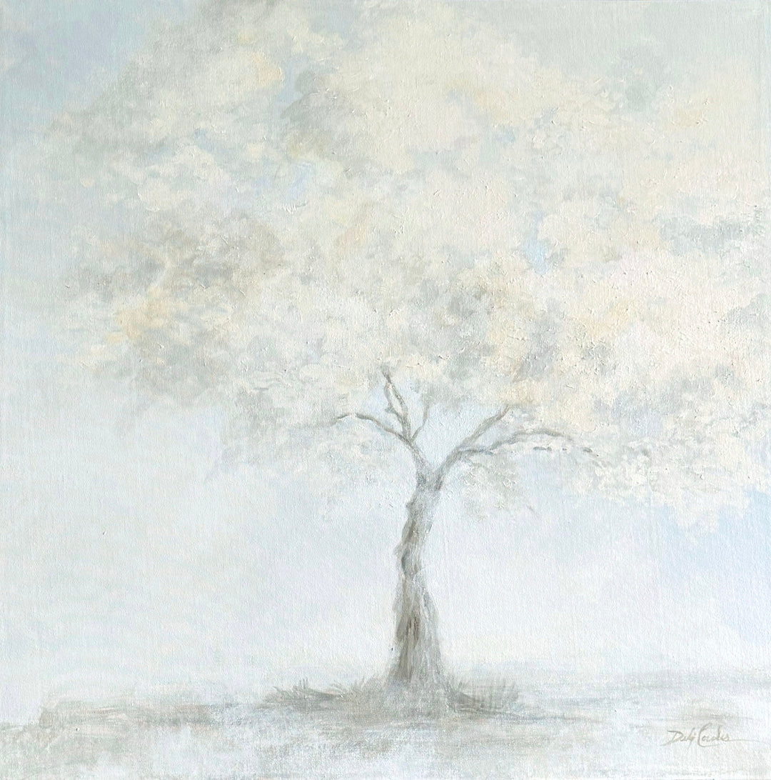 Whispered Blooms original painting of a delicate blossom tree emerging through soft blue-gray mist, with pale white blossoms and an atmospheric, serene landscape.