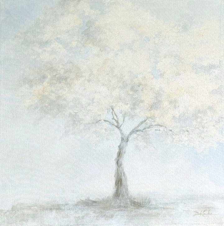 Whispered Blooms original painting of a delicate blossom tree emerging through soft blue-gray mist, with pale white blossoms and an atmospheric, serene landscape.