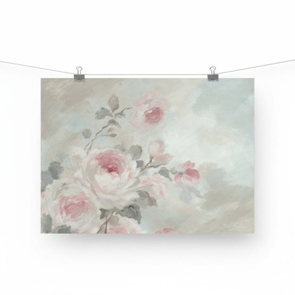 Floral painting with pink and white flowers on a textured beige background, hanging on a string.
