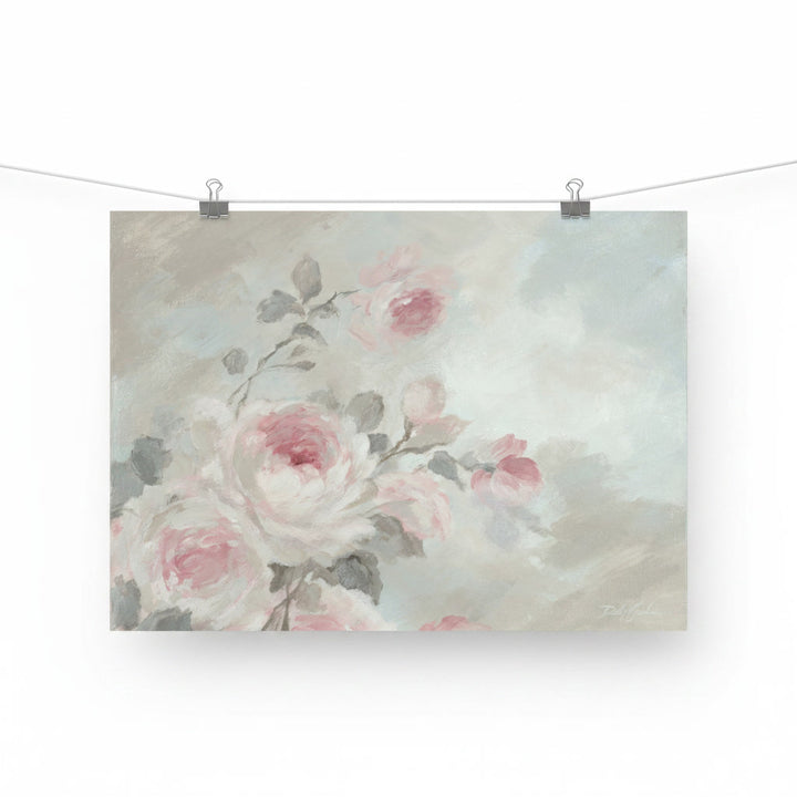 Floral painting with pink and white flowers on a textured beige background, hanging on a string.