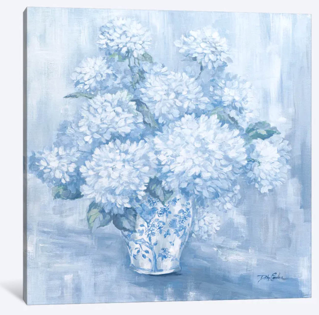 "White hydrangeas in blue and white vase" Canvas Print