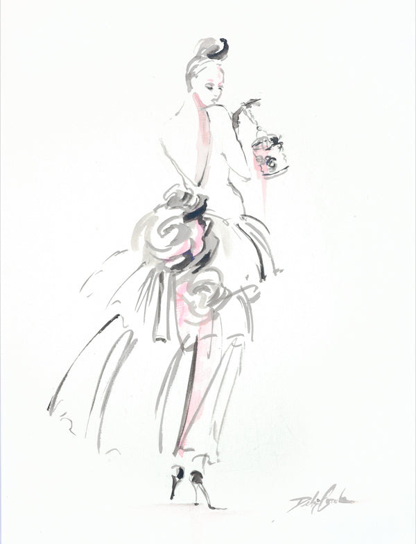 Dramatic black and white fashion illustration of a French model in a bustle-back haute couture gown holding a birdcage handbag.