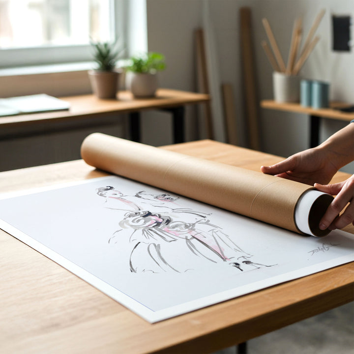 Person rolling up a canvas print of fashion illustration of a French model in a bustle-back gown to put in a cardboard mailing tube.