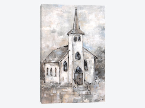 Painting of a church with a steeple on a light background