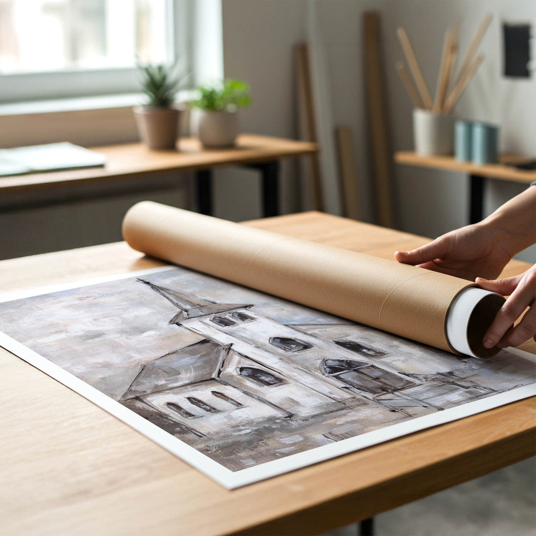 A person rolling up an unstretched canvas print of rustic old-world chapel house to place in a cardboard mailing tube.