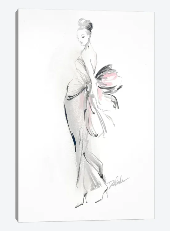 Black and White fashion illustration of a woman in a flowing dress with a flower, on a white background