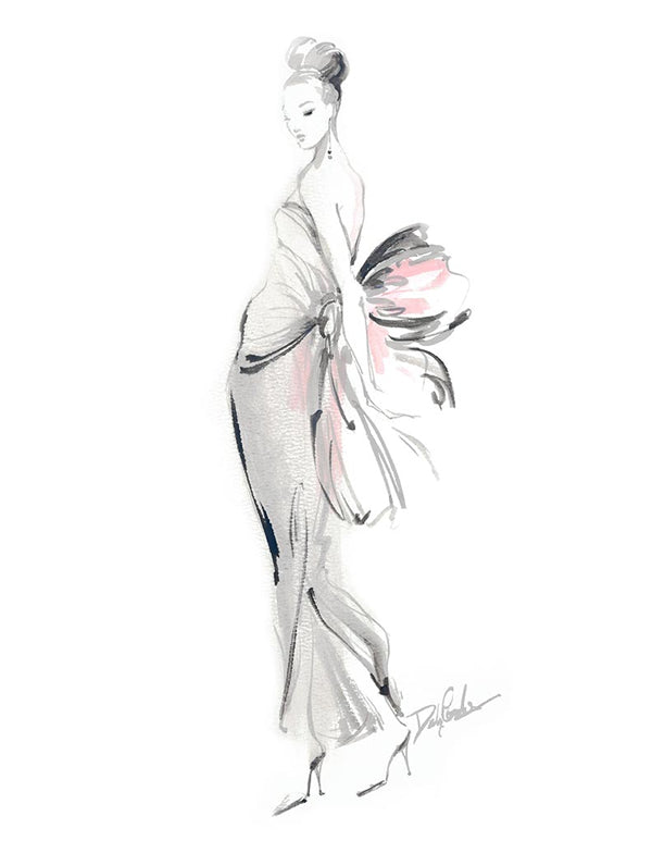 Dramatic black and white fashion illustration with e French model in a gathered dress, the oversized bow looks like a giant flower.