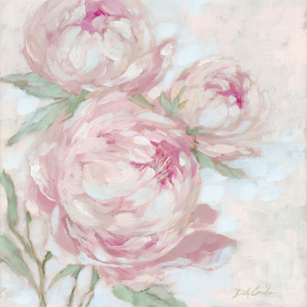 Impressionistic painting of three soft pink peonies with pale green leaves against a delicate cream and light blue background, creating a romantic, airy garden atmosphere.