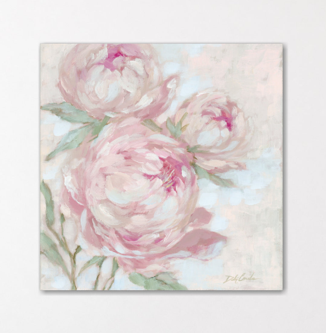 A Secret Kept in Bloom pink peony painting displayed on a white wall, featuring three soft pink peonies with pale green leaves in a delicate impressionistic style.