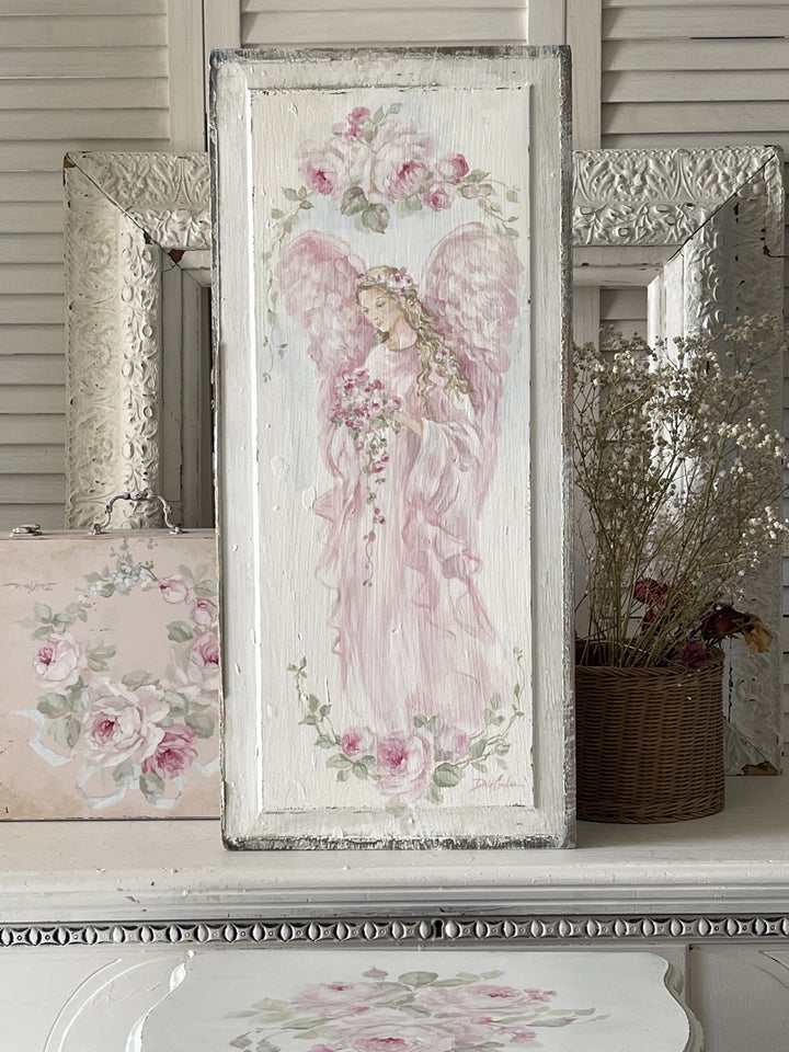 Shabby Chic Antique Large Wooden Panel Angel With Roses Hand Painted by Debi Coules