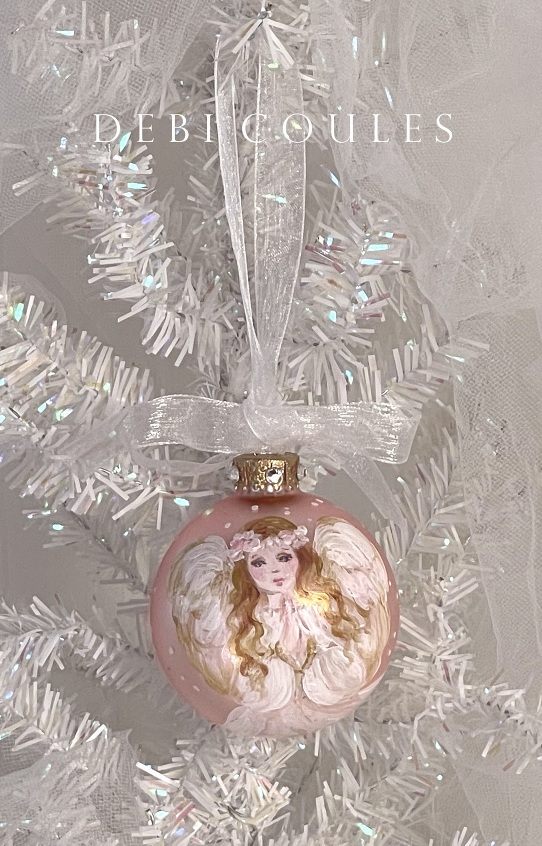 Hand-Painted Vintage Angel Glass Globe  Ornament Blush Pink with Gold Leaf and Swarovski Accents by Debi Coules