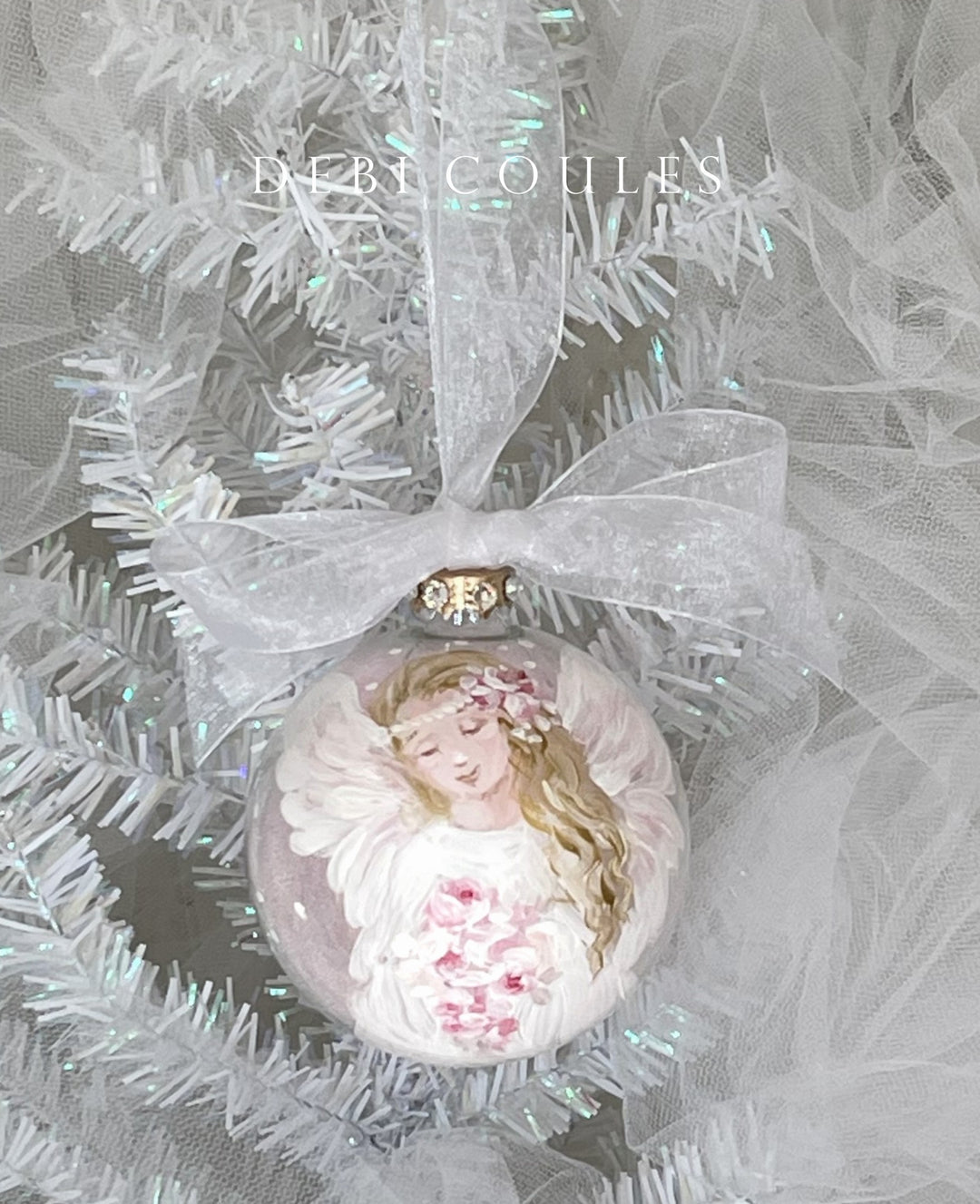 Angel With Roses Pink Glass Globe Ornament Swarovski Crystal Rhinestones Debi Coules