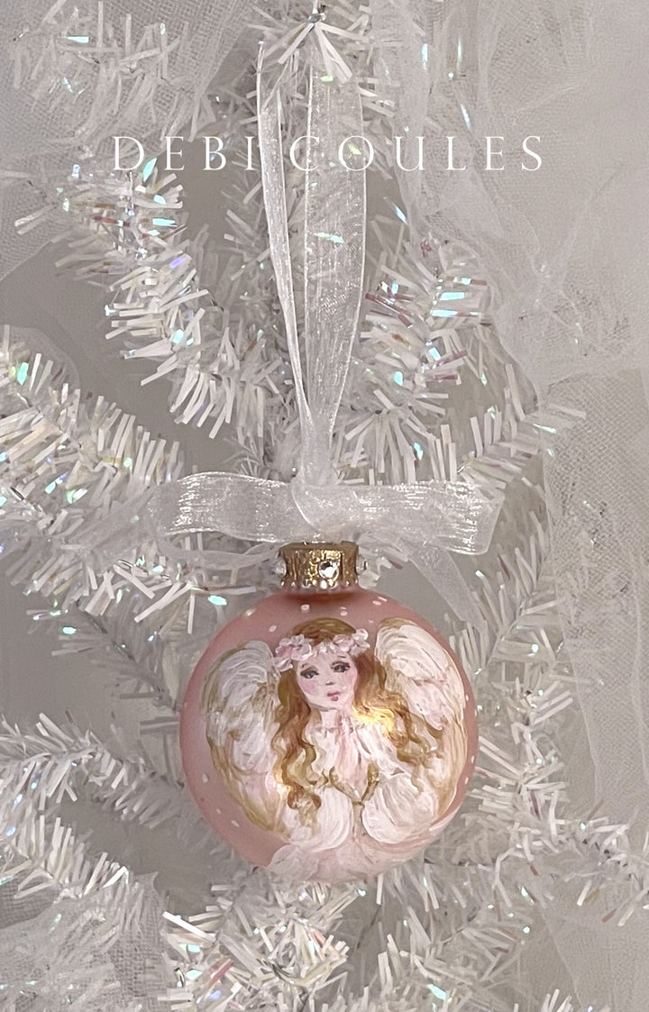 Hand-Painted Vintage Angel Glass Globe  Ornament Blush Pink with Gold Leaf and Swarovski Accents by Debi Coules