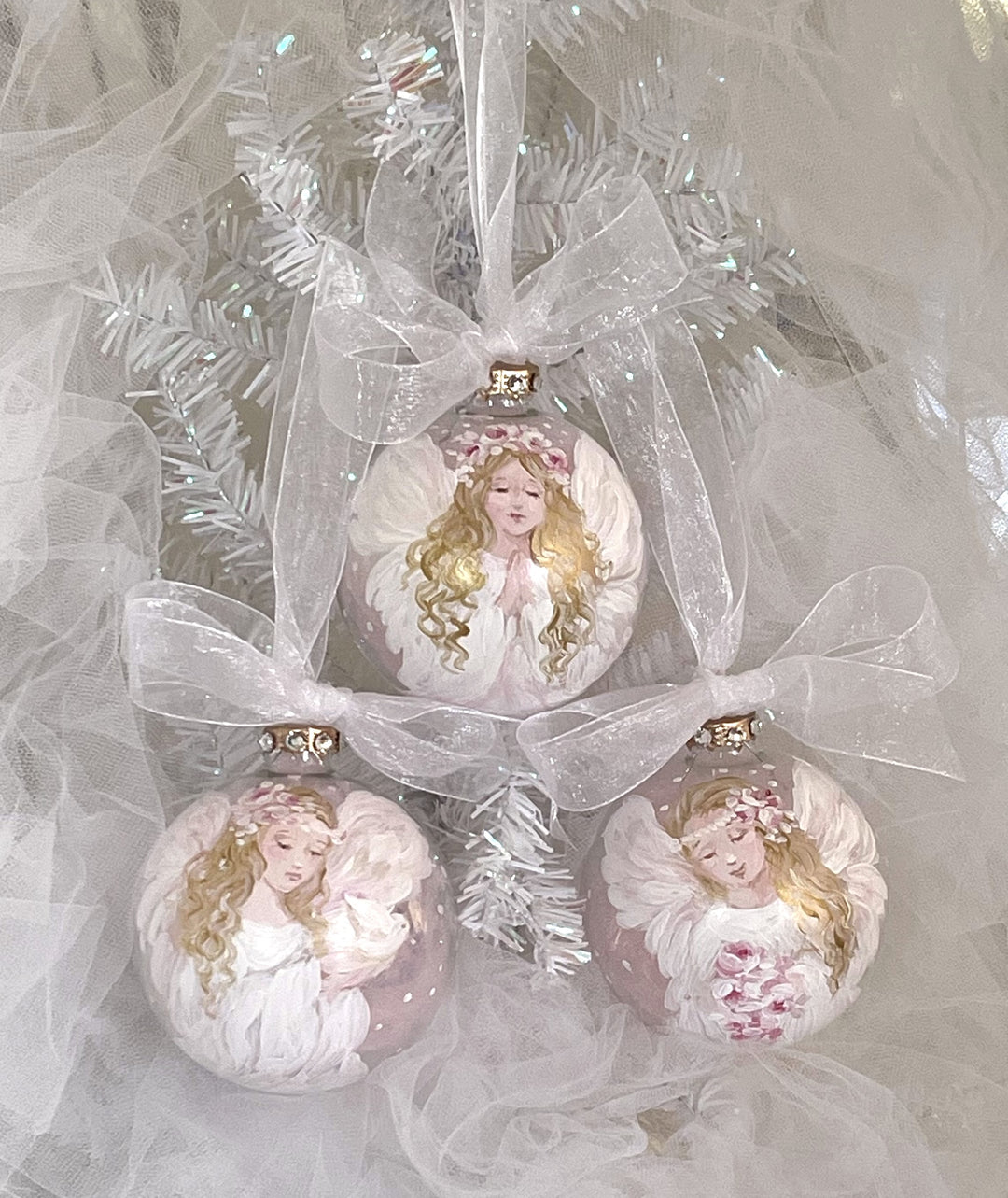 Angel With Roses Pink Glass Globe Ornament Swarovski Crystal Rhinestones Debi Coules