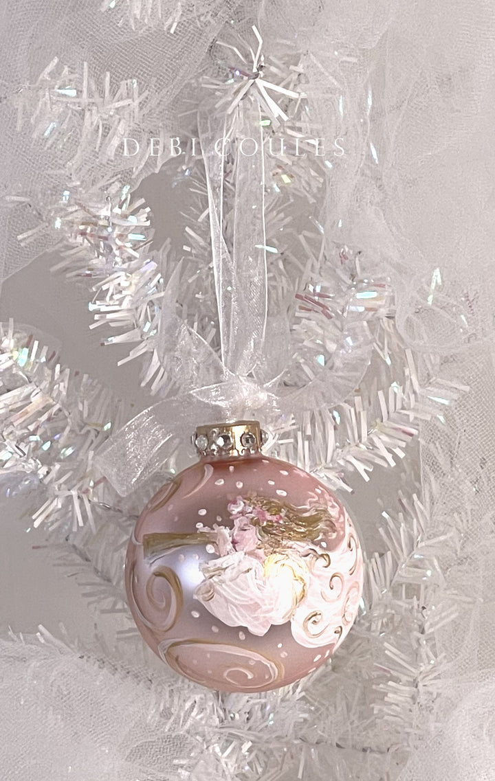 Hand-Painted Vintage Blush Pink Angel Glass Globe Ornament – Angel Blowing a Horn with Gold Floral in her hair and Swarovski Accents