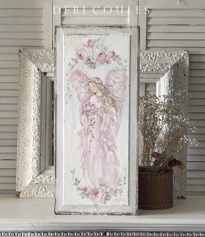 Shabby Chic Antique Large Wooden Panel Angel With Roses Hand Painted by Debi Coules