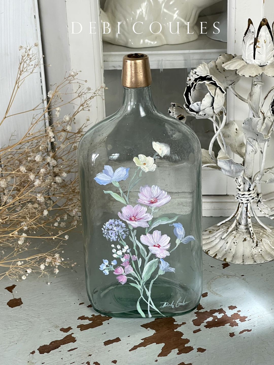Hand-Painted Antique Glass Wildflower Bud Vase by Debi Coules – Shabby Chic, Gold Leaf Accents  Description: