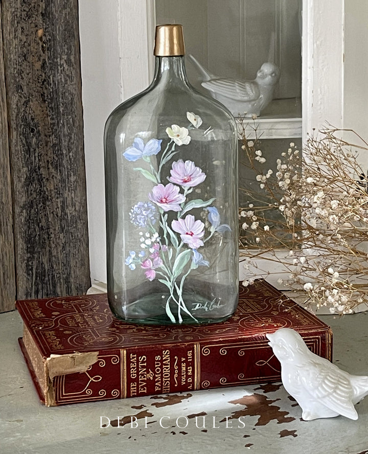 Hand-Painted Antique Glass Wildflower Bud Vase by Debi Coules – Shabby Chic, Gold Leaf Accents  Description:
