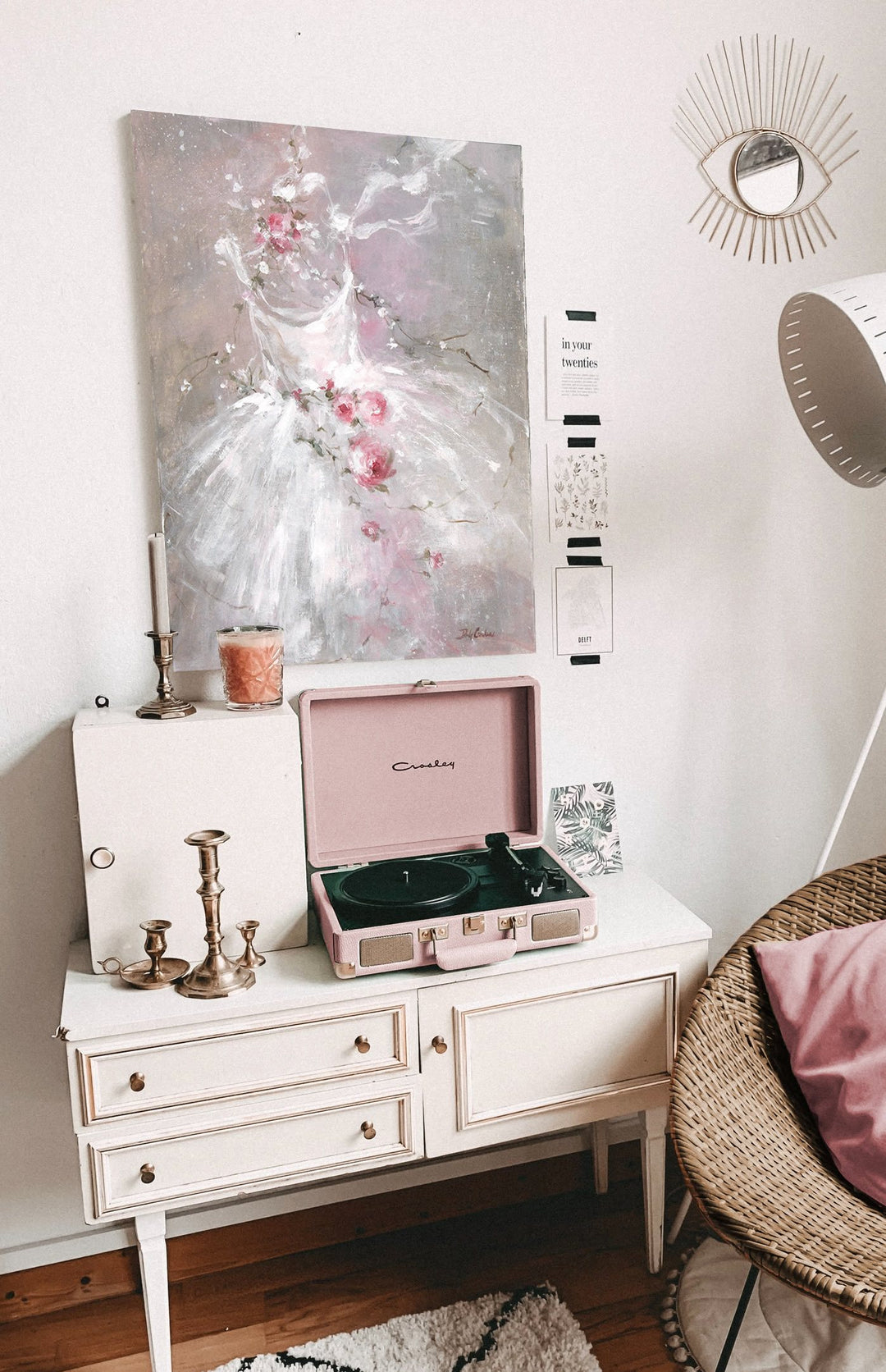 Abstract Tutu canvas print featuring shabby-chic ballet artwork by Debi Coules hangs in a retro pink living room