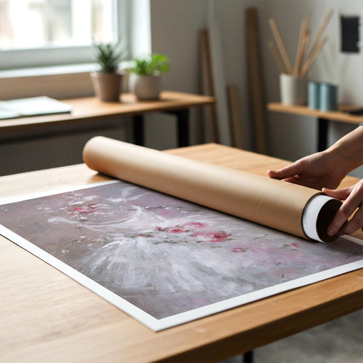 Person rolling a shabby-chic fine art print of a ballet painting to place in a cardboard mailing tube.