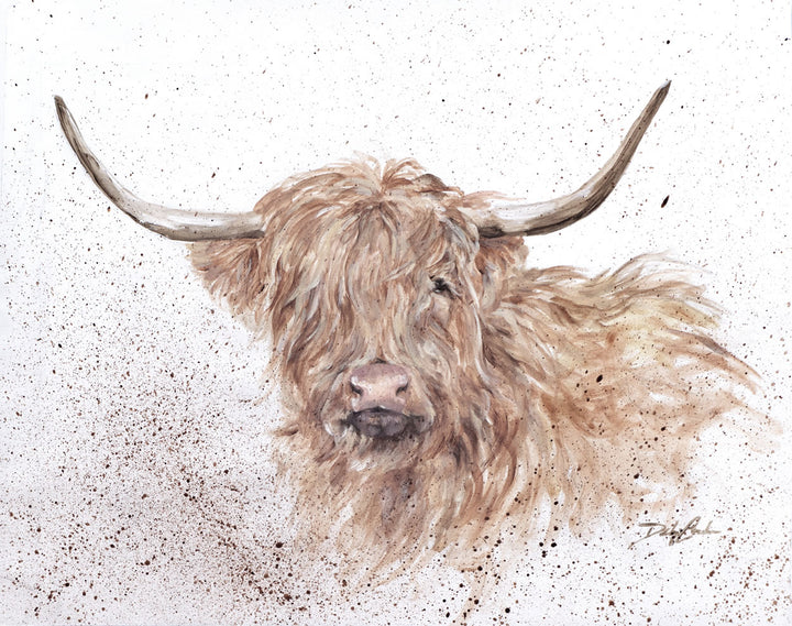 Rustic painting of a highland cow surrounded by chaotic paint splatter, creating rustic, contemporary artwork that pairs well with a modern farmhouse interior.