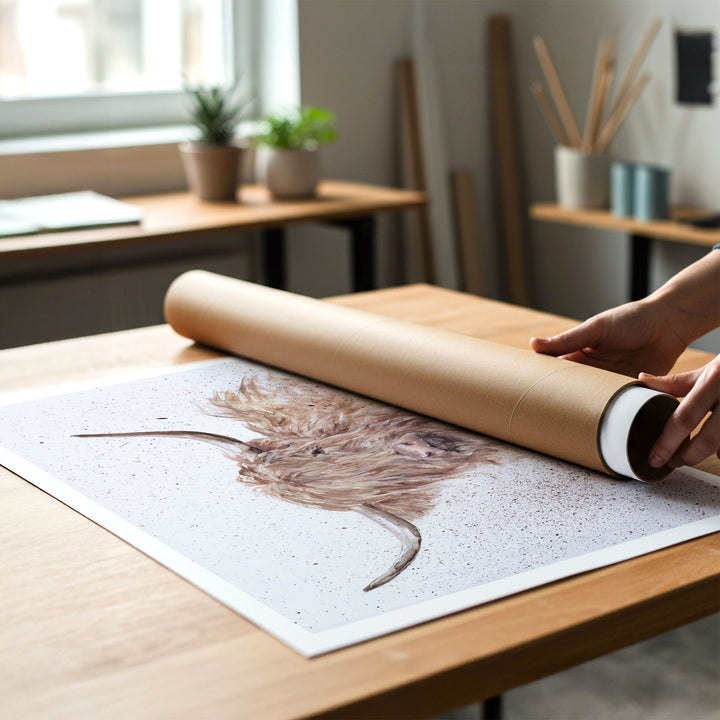 Person rolling up a canvas print of modern farmhouse painting of a highland cow to put in a cardboard mailing tube.