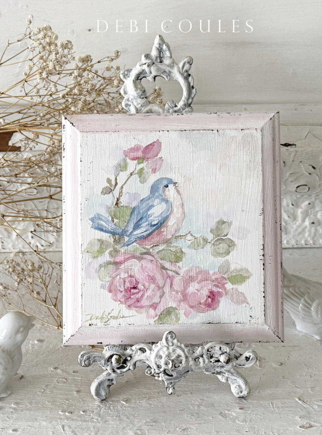 Bluebird and Roses Vintage Plaque | Original Hand-Painted Art