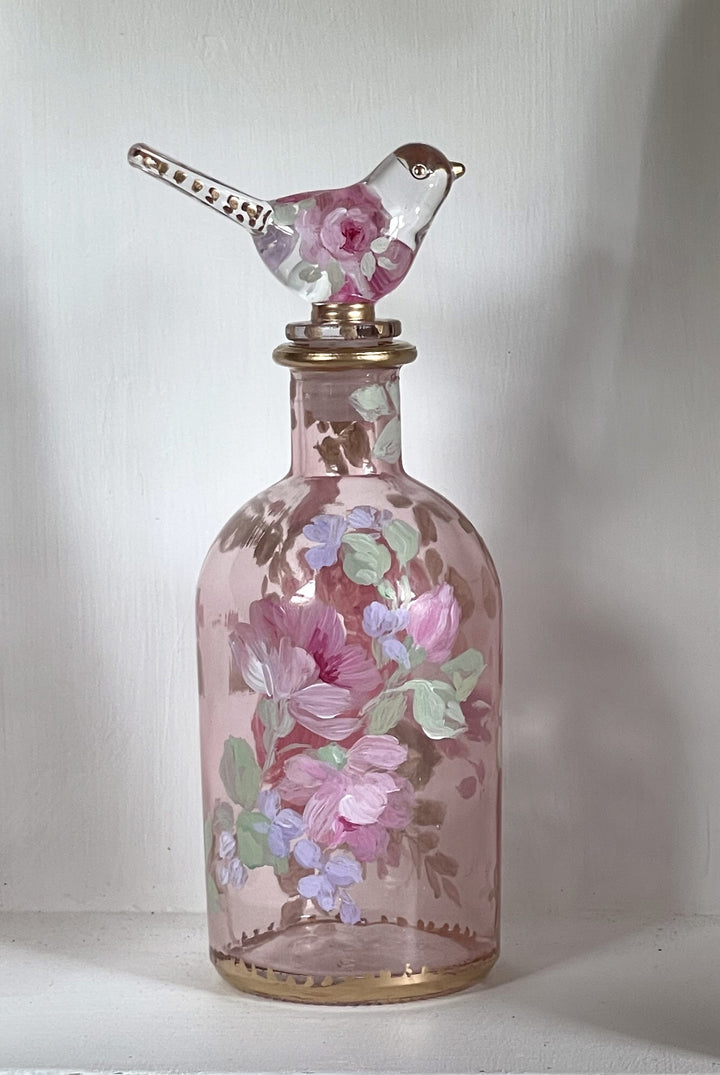 Shabby Chic Hand Painted Roses Glass Perfume Bottle Bird Stopper with Original by Debi Coules
