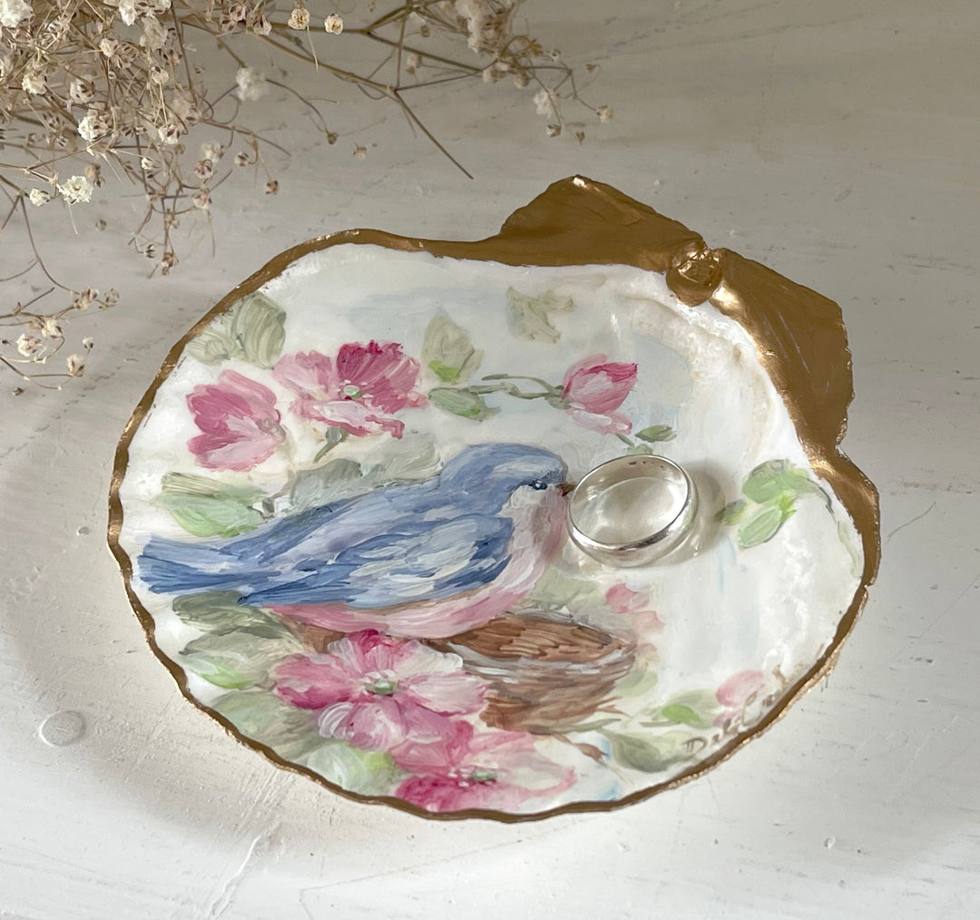 Shabby Chic  Bluebird and Roses With Nest Hand Painted Shell Ring Dish Romantic Original by Debi Coules