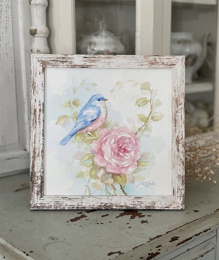 Bluebird and Rose Watercolor Painting Framed  by Debi Coules – Shabby Chic Elegance