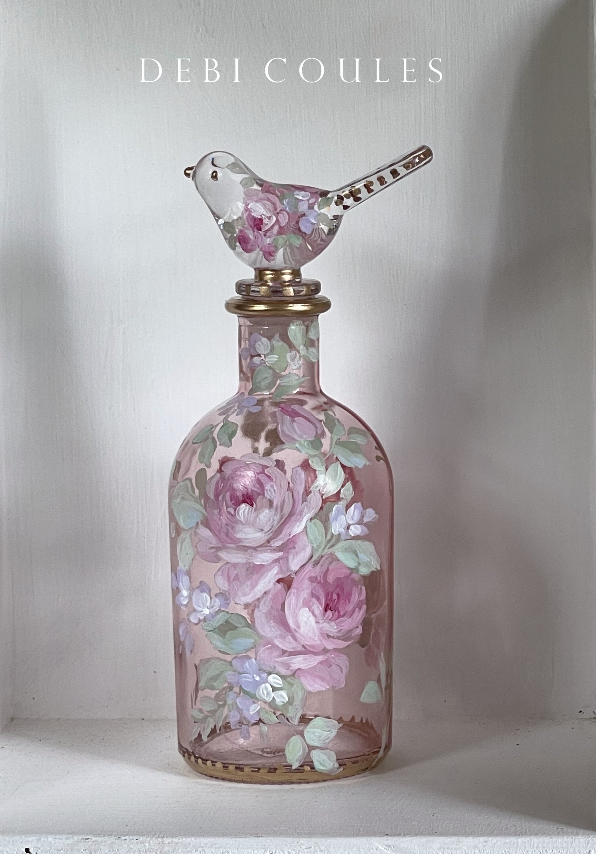 Shabby Chic Hand Painted Roses Glass Perfume Bottle Bird Stopper