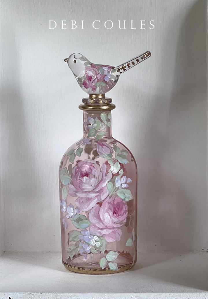 Shabby Chic Hand Painted Roses Glass Perfume Bottle Bird Stopper with Original by Debi Coules