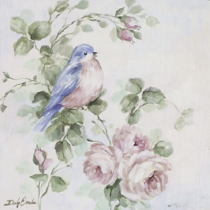 Shabby-chic painting of a singing bluebird while perched on a rose vine