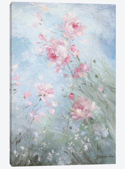 Canvas print with pink flowers on a light blue background