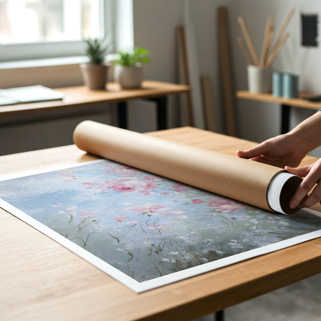 A person rolling up an unstretched canvas print of shabby-chic pink roses to place in a cardboard mailing tube.