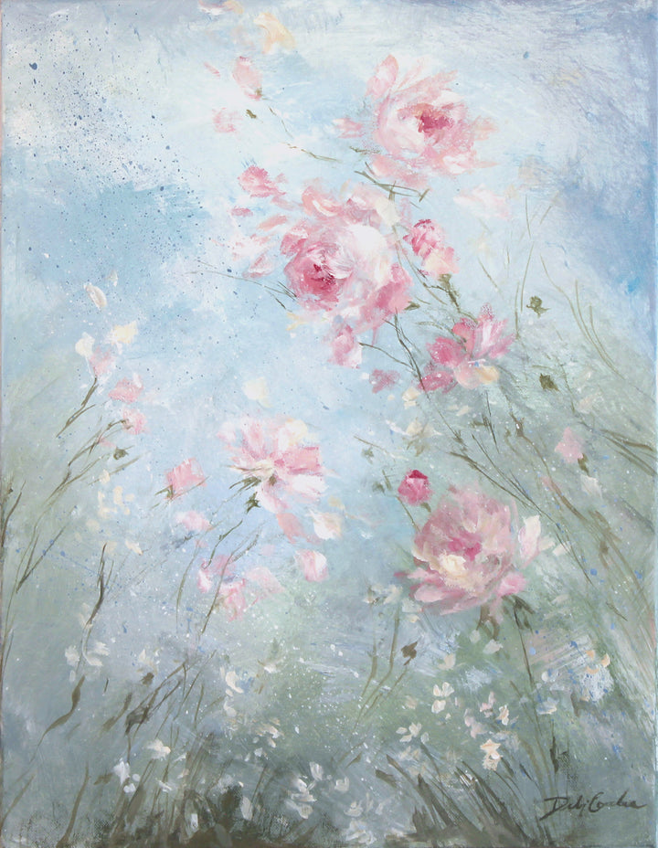 Painting of pink flowers against a light blue background