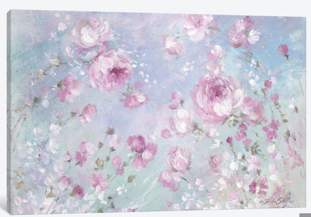 Floral painting with pink and purple flowers on a light blue background