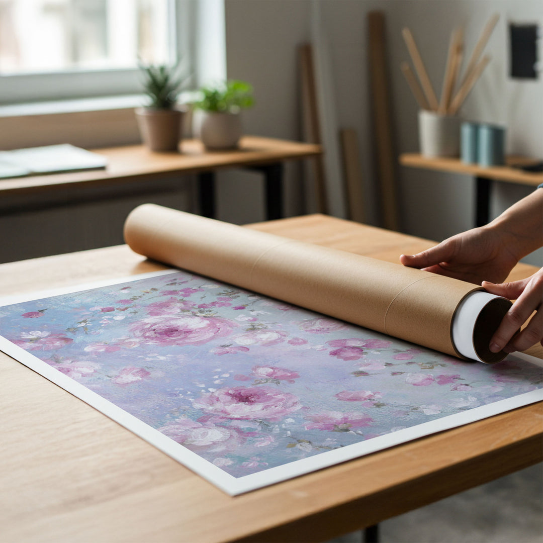 A person rolling up an unstretched canvas print of shabby-chic wild roses to place in a cardboard mailing tube.