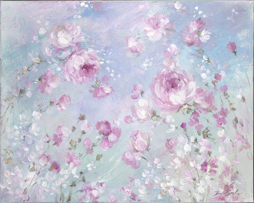 Painting of pink and white flowers on a light blue background