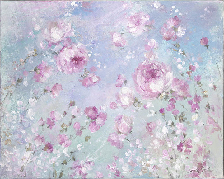 Painting of pink and white flowers on a light blue background