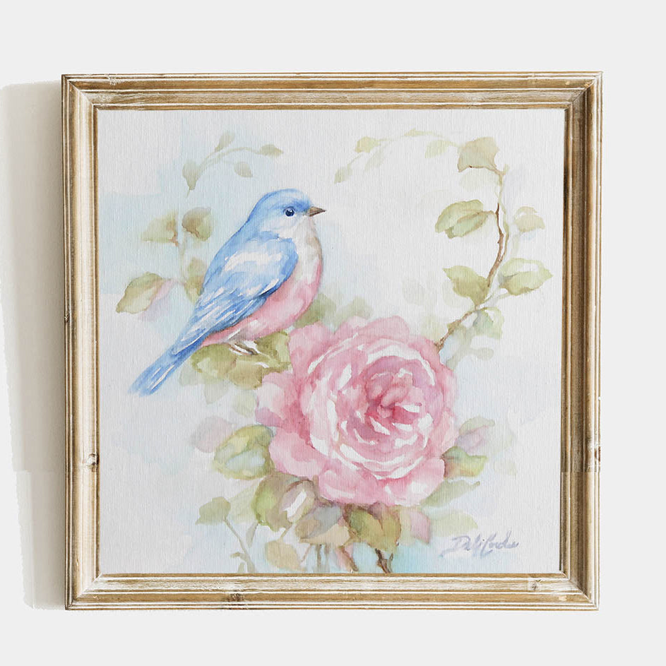 framed paper print of shabby chic watercolor of a plump bluebird next to a pink rose