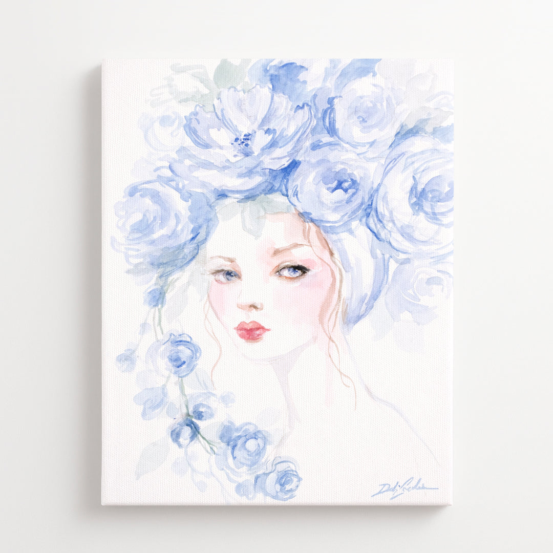 Watercolor illustration of a french model wearing an oversized blue flower headdress.