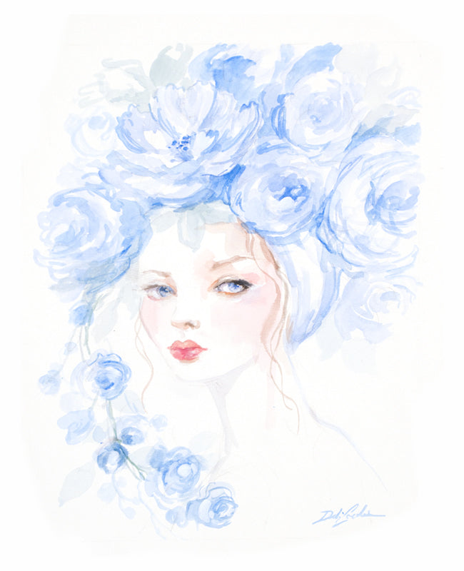 Artistic illustration of a woman with a blue floral headpiece on a white background