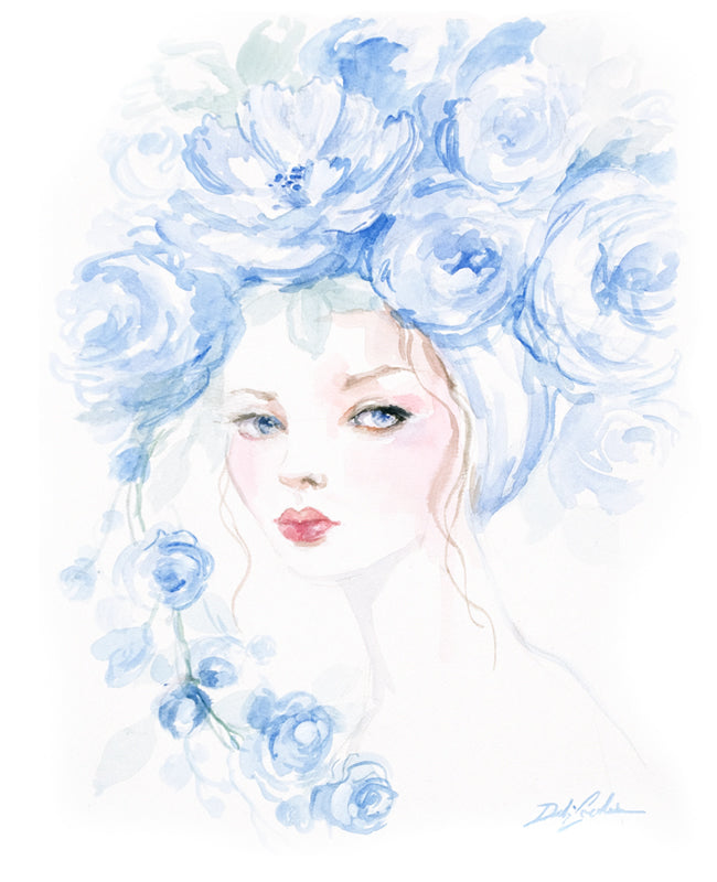 Artistic watercolor illustration of a woman's face surrounded by blue floral elements
