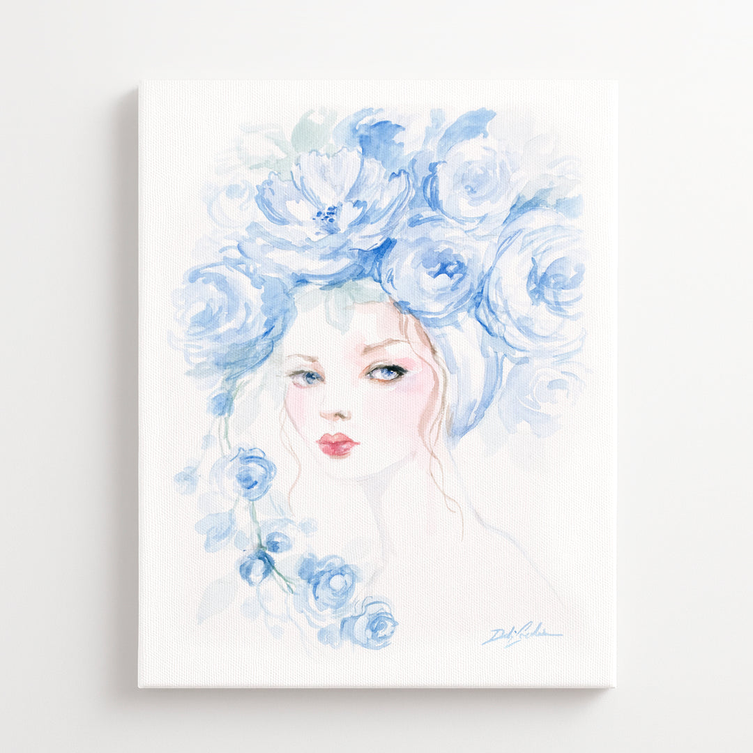 Artistic depiction of a woman's face with blue flowers in her hair on a white background