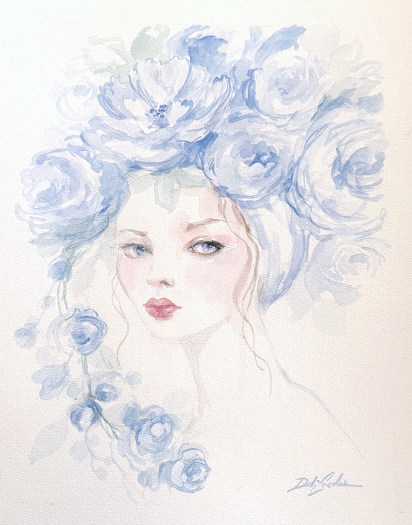 Artistic fashion illustration of a woman with blue floral headpiece original watercolor painting