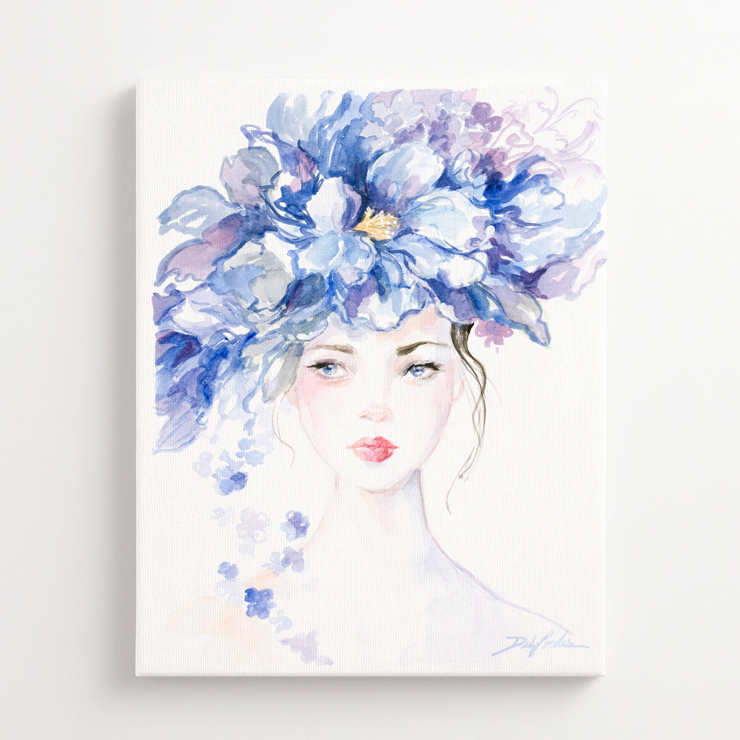 Artistic depiction of a woman's face with a blue floral headpiece on a white background