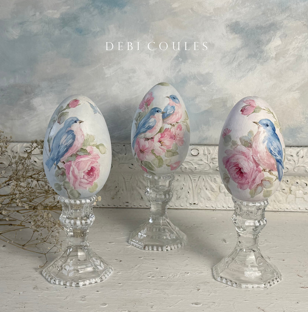 Shabby Chic Hand-Painted Bluebirds and Roses Wooden Easter Egg on Glass Stand –  by Debi Coules