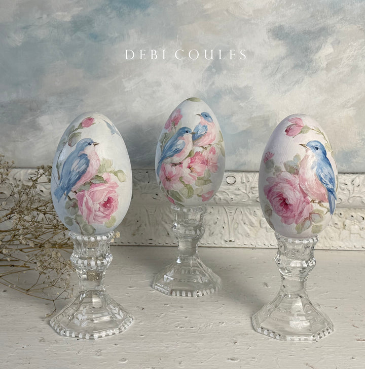 Shabby Chic Hand-Painted Bluebirds and Roses Wooden Easter Egg on Glass Stand –  by Debi Coules